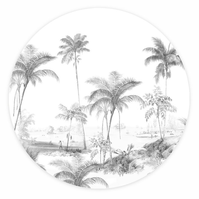 Behangcirkel Exotic Palms Black & White Zwart Wit Vliesbehang ø142,5cm