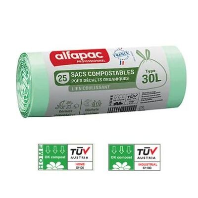 Sac poubelle biodégradable à lien coulissant - 50 x 65 cm - 18µ - 30 l - rouleau 25 pièces