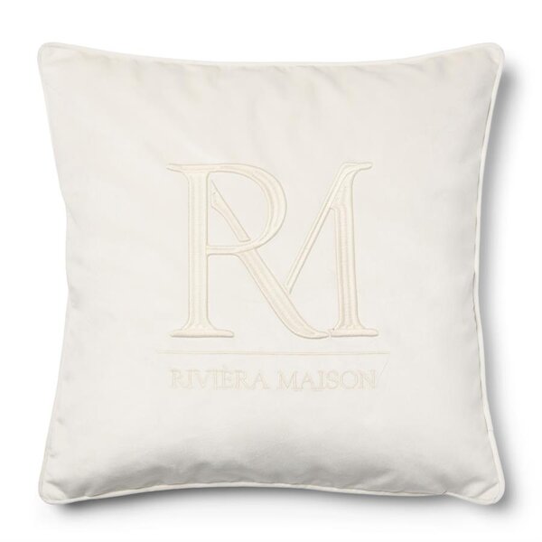 RIVIÈRA MAISON Rivièra Maison RM Monogram Velvet Pillow 50x50 cm – Wit Fluweel Sierkussen incl. Vulling