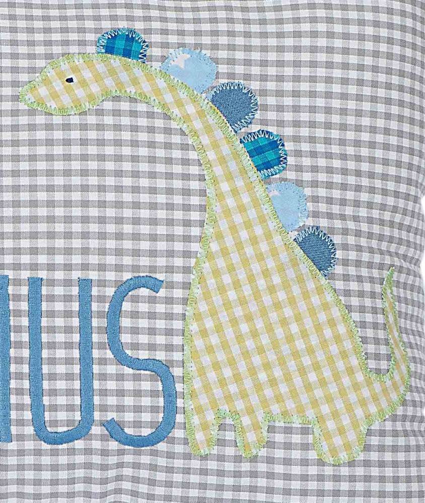 crêpes suzette Kissen mit Namen bestickt - Dinosaurier, Farbe: Grau Kariert