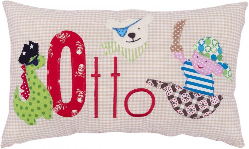 crêpes suzette Namenskissen als Geschenk zur Geburt kleiner Pirat, Dino, Teddy - Farbe: Beige kariert