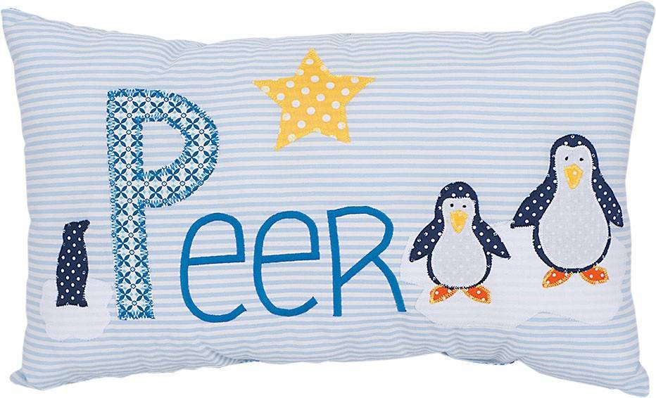 crêpes suzette Namenskissen Pinguin, Farbe: Hellblau gestreift
