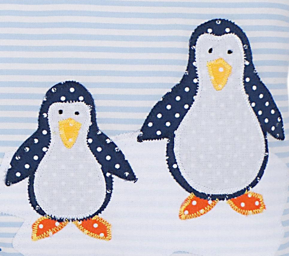 crêpes suzette Namenskissen Pinguin, Farbe: Hellblau gestreift