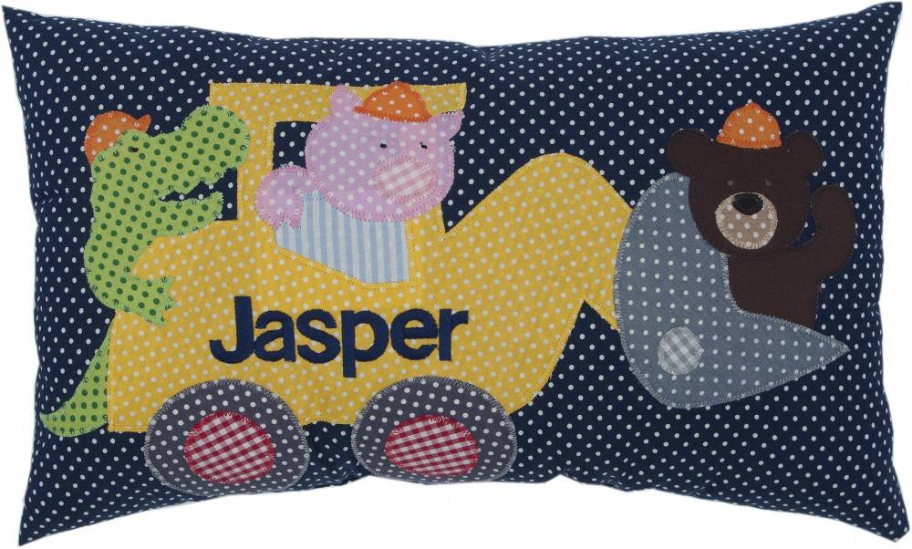 crêpes suzette Namenskissen mit Bagger,  Schwein, Krokodil & Bär, Farbe: Dunkelblau