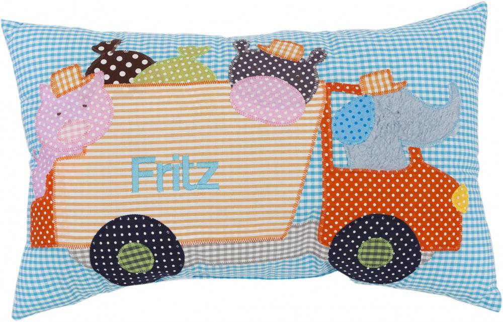 crêpes suzette Namenskissen mit Müllauto & Müllmann, Farbe: Türkis