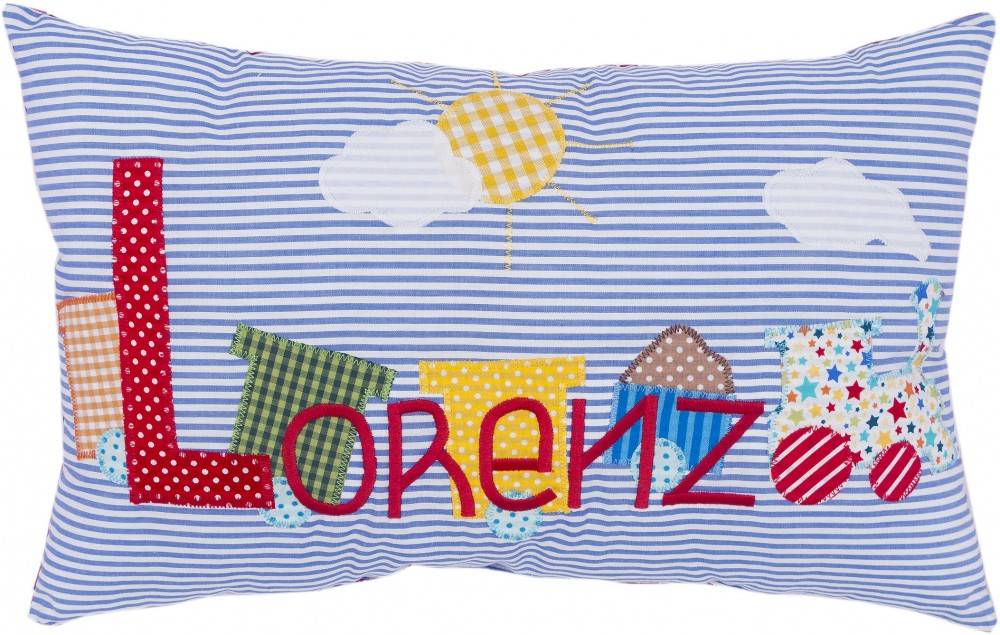 crêpes suzette Namenskissen Lokomotive, Farbe: Mittelblau gestreift