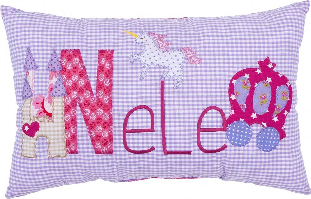 crêpes suzette Namenskissen Pferdekutsche und Schloß, Farbe: Flieder kariert