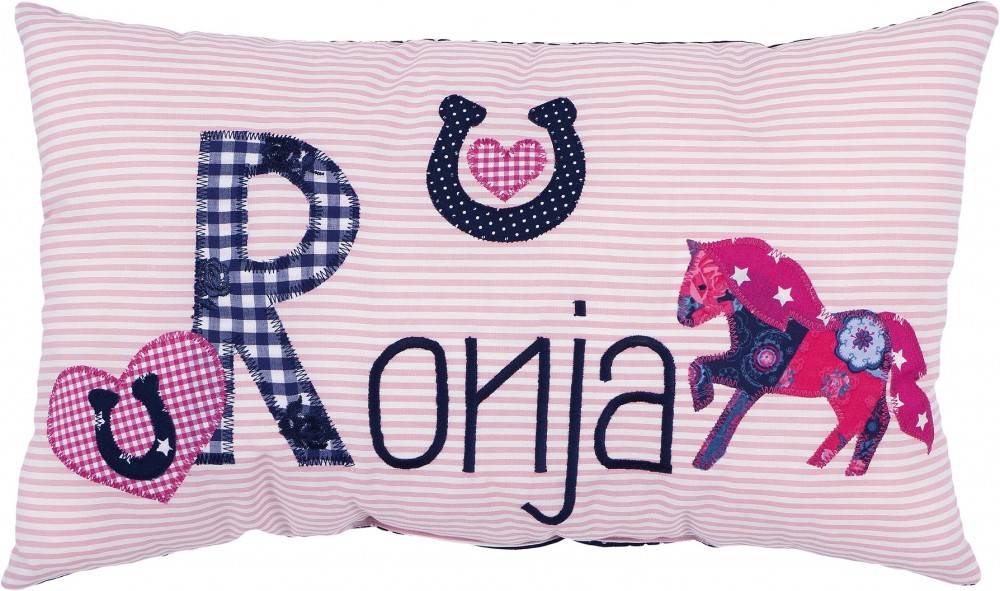 crêpes suzette Namenskissen Pferd - Modell: Ronja, Farbe: Rosa gestreift, Blau