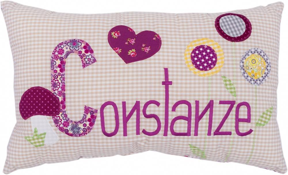 crêpes suzette Namenskissen Blumen und Schmetterling, Farbe: Beige