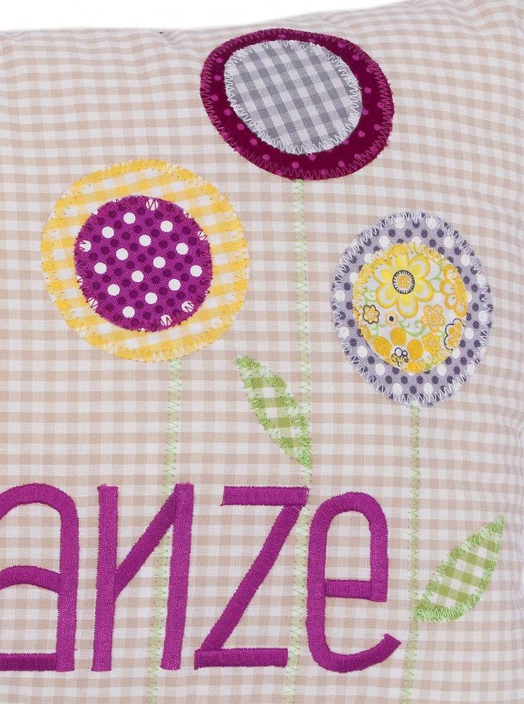 crêpes suzette Namenskissen Blumen und Schmetterling, Farbe: Beige