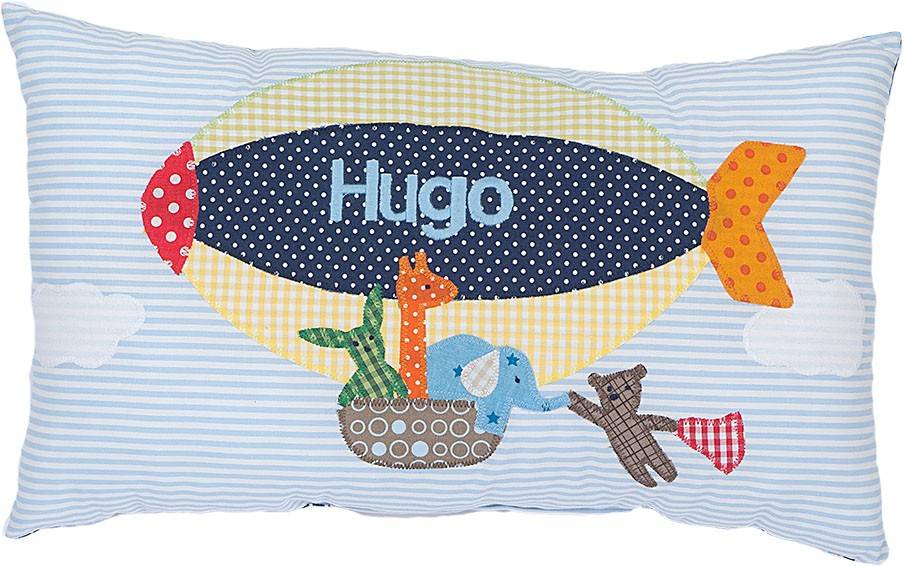 crêpes suzette Namenskissen Zeppelin mit den Freunden Bär, Elefant , Giraffe und Hase, Farbe: Hellblau gestreift
