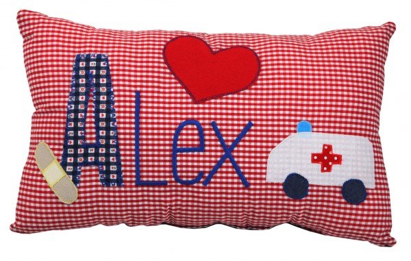 crêpes suzette Namenskissen Krankenwagen und Trostpflaster, Farbe: Rot kariert