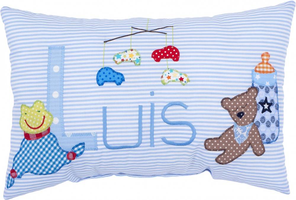 crêpes suzette Namenskissen zur Geburt Schnuffeltuch und Bär, Farbe: Hellblau gestreift
