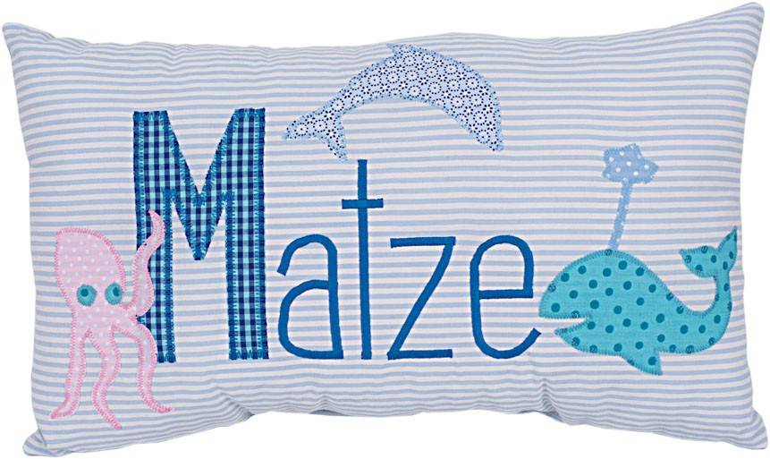 crêpes suzette Namenskissen mit Delfin und Wal, Farbe: Hellblau gestreift