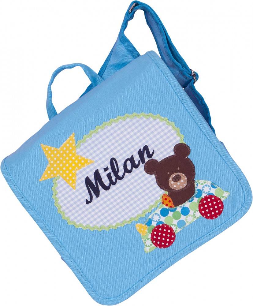 crêpes suzette Kindergartentasche mit Namen bestickt - zum Kinderrucksack wandelbar. Bär im Auto