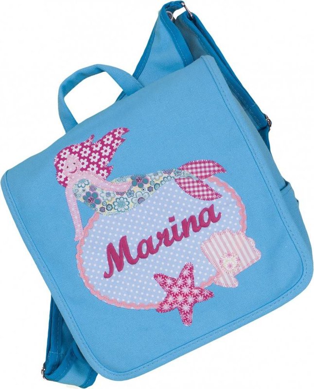 crêpes suzette Kindergartentasche mit Namen bestickt - zum Kinderrucksack wandelbar. Motiv: Meerjungfrau