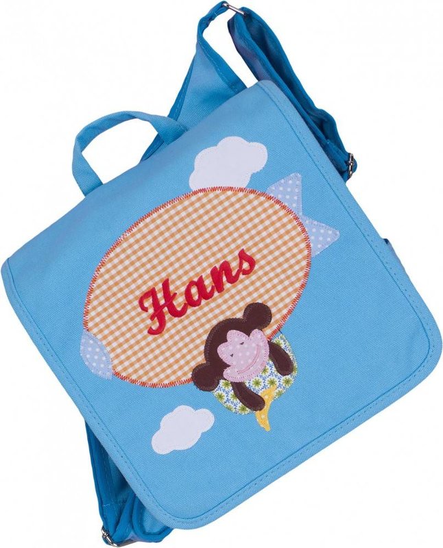 crêpes suzette Kindergartentasche mit Namen bestickt - zum Kinderrucksack wandelbar. Motiv: Zeppelin und Affe