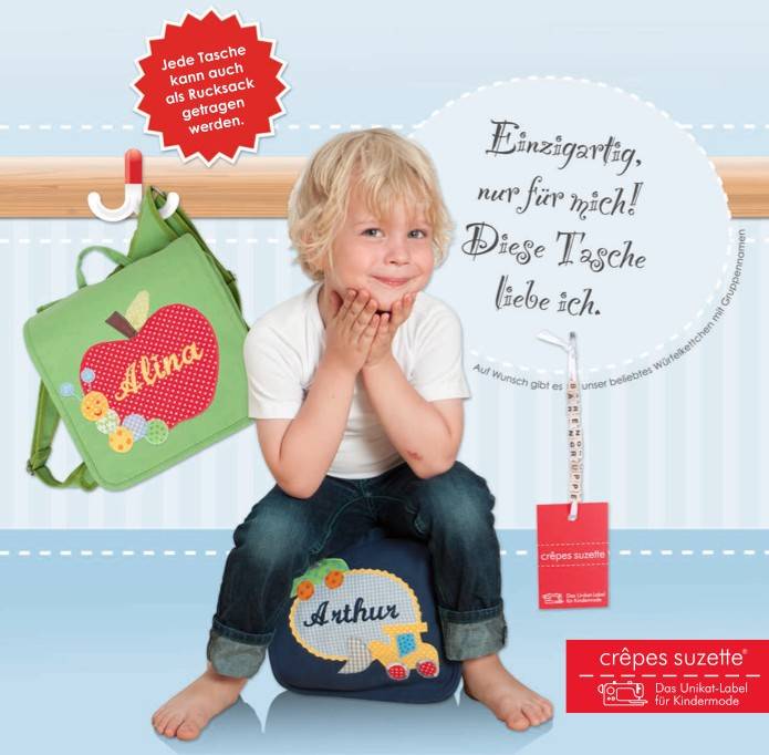 crêpes suzette Kindergartentasche mit Namen bestickt Motiv: Frosch und Biene