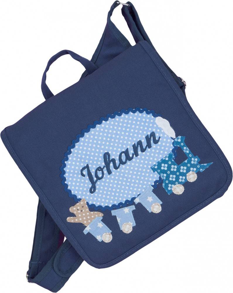 crêpes suzette Kindergartentasche mit Namen bestickt wandelbar zum Kinderrucksack. LOKOMOTIVE