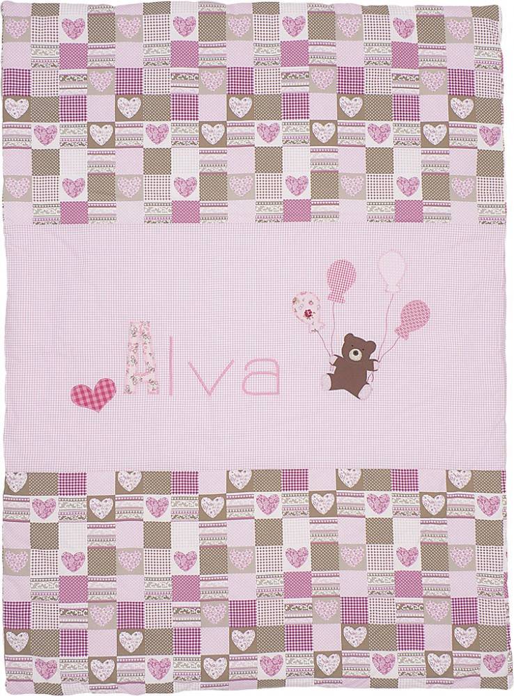crêpes suzette Krabbeldecke mit Namen bestickt in Rosa mit Bär und Luftballons – Größe: 70cm x 90cm