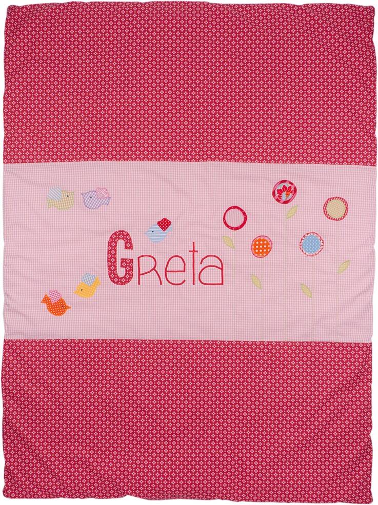 crêpes suzette Krabbeldecke mit Namen, Namensdecke - Vögelchen und Blumen – Größe: 70cm x 90cm