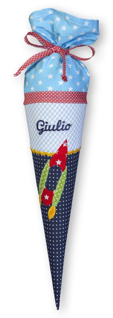 crêpes suzette Geschwisterschultüte aus Stoff mit Rakete und Wunschnamen, Farbe Blau – Varianten: mit Motiv und Namensbestickung
