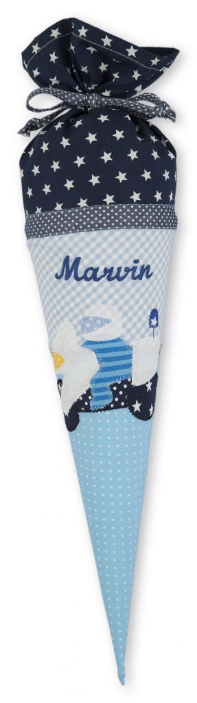 crêpes suzette Geschwisterschultüte aus Stoff Polizei und Wunschnamen, Farbe Blau – Varianten: mit Motiv und Namensbestickung