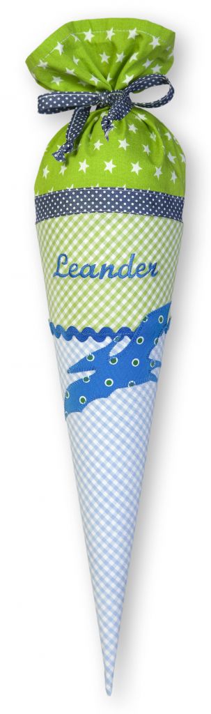 crêpes suzette Geschwisterschultüte aus Stoff Flugsaurier und Wunschnamen, Farbe Blau - Grün – Varianten: mit Motiv und Namensbestickung