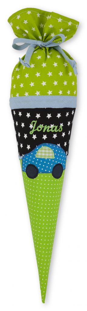 crêpes suzette Geschwisterschultüte aus Stoff mit Auto und Wunschnamen, Farbe Schwarz Grün – Varianten: mit Motiv und Namensbestickung
