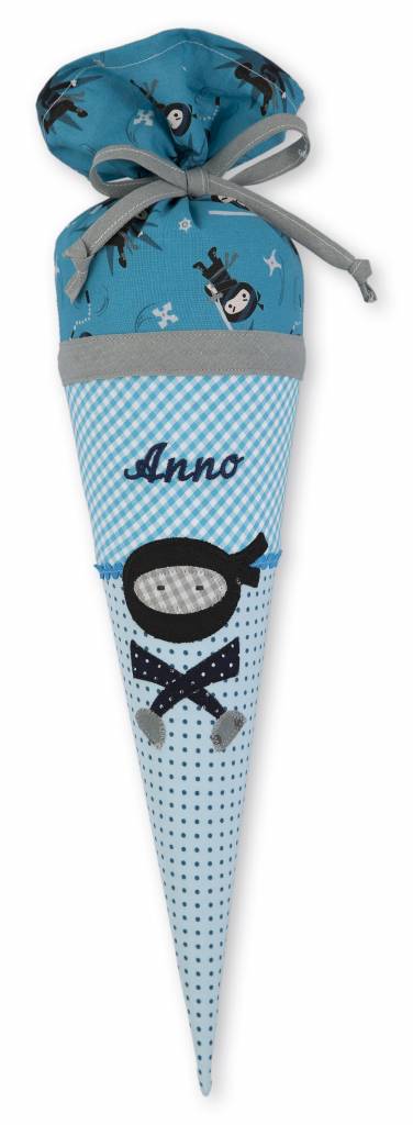 crêpes suzette Geschwisterschultüte aus Stoff Ninja und Wunschnamen, Farbe Türkis – Varianten: mit Motiv und Namensbestickung