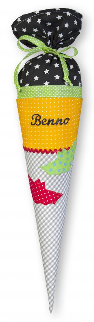 crêpes suzette Geschwisterschultüte aus Stoff Fledermaus und Wunschnamen, Farbe Grau Schwarz – Varianten: mit Motiv und Namensbestickung