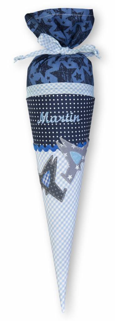 crêpes suzette Geschwisterschultüte aus Stoff mit Raumschiff und Wunschnamen, Farbe Blau – Varianten: mit Motiv und Namensbestickung