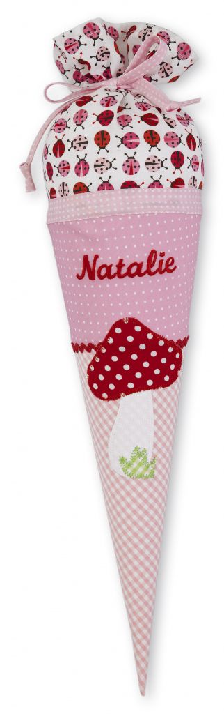 crêpes suzette Geschwisterschultüte aus Stoff mit Pilz  und Wunschnamen, Farbe Rosa Rot – Varianten: mit Motiv und Namensbestickung