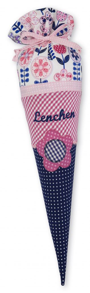 crêpes suzette Geschwisterschultüte aus Stoff mit Blume  und Wunschnamen, Farbe Dunkelblau Pink – Varianten: mit Motiv und Namensbestickung