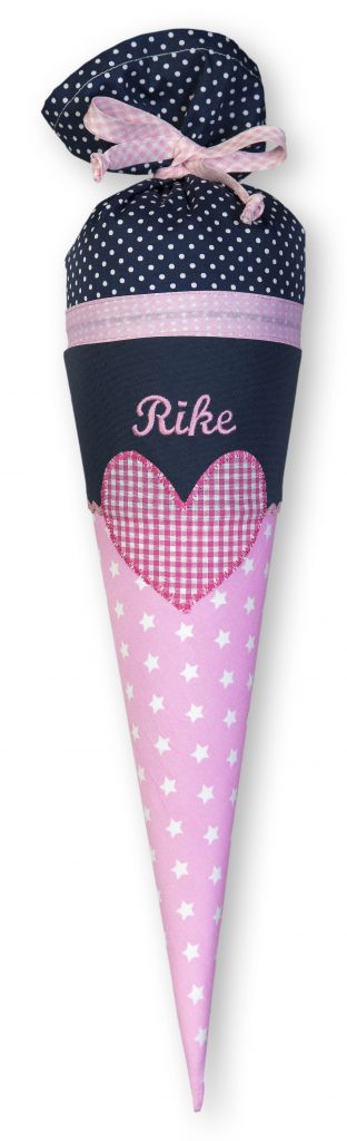 crêpes suzette Geschwisterschultüte aus Stoff mit Herz und Wunschnamen, Farbe Dunkelblau Rosa – Varianten: mit Motiv und Namensbestickung