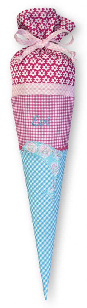 crêpes suzette Geschwisterschultüte aus Stoff mit Delfin und Wunschnamen, Farbe Türkis Pink – Varianten: mit Motiv und Namensbestickung