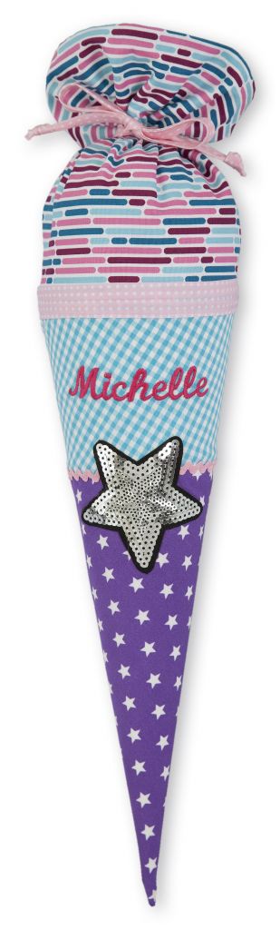 crêpes suzette Geschwisterschultüte aus Stoff mit Stern  und Wunschnamen, Farbe Lila Türkis – Varianten: mit Motiv und Namensbestickung