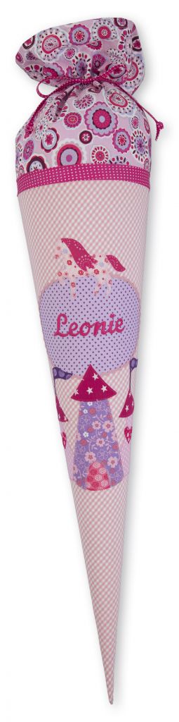 crêpes suzette Schultüte aus Stoff, Schloss und Pferd Farbe : Flieder, Rosa – Variante: mit Wunschnamen