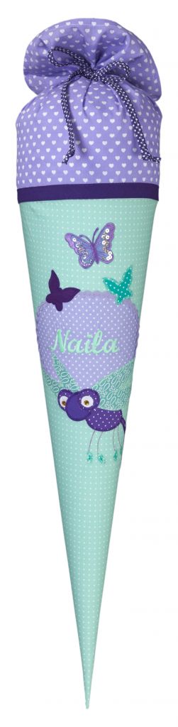 crêpes suzette Schultüte aus Stoff, Libelle Schmetterling, Farbe: Flieder Mint – Variante: mit Wunschnamen