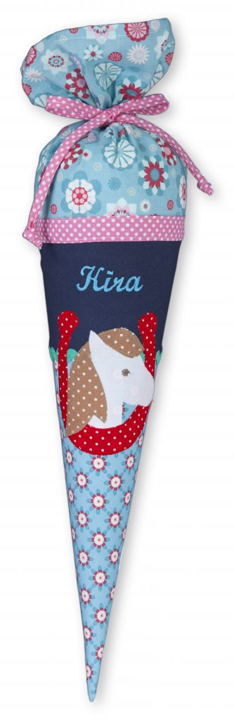 crêpes suzette Geschwisterschultüte aus Stoff mit Pferd und Wunschnamen, Farbe Hellblau, Blau – Varianten: mit Motiv und Namensbestickung