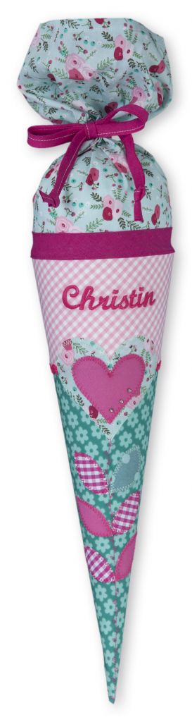 crêpes suzette Geschwisterschultüte aus Stoff mit Herz und Wunschnamen, Farbe Mint, Rosa, Pink – Varianten: mit Motiv und Namensbestickung