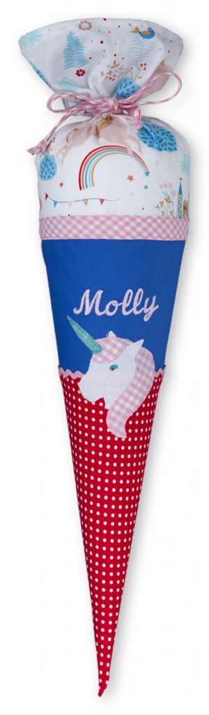 crêpes suzette Geschwisterschultüte aus Stoff mit Einhorn und Wunschnamen, Farbe Rot, Blau , Rosa – Varianten: mit Motiv und Namensbestickung