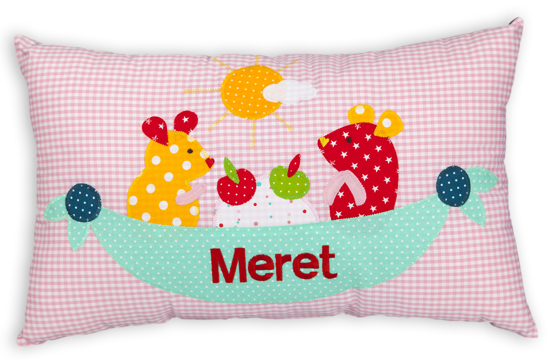 crêpes suzette Namenskissen Maus, Mäuse  für Mädchen zum Geburtstag, Farbe: Rosa, Rot, Bunt