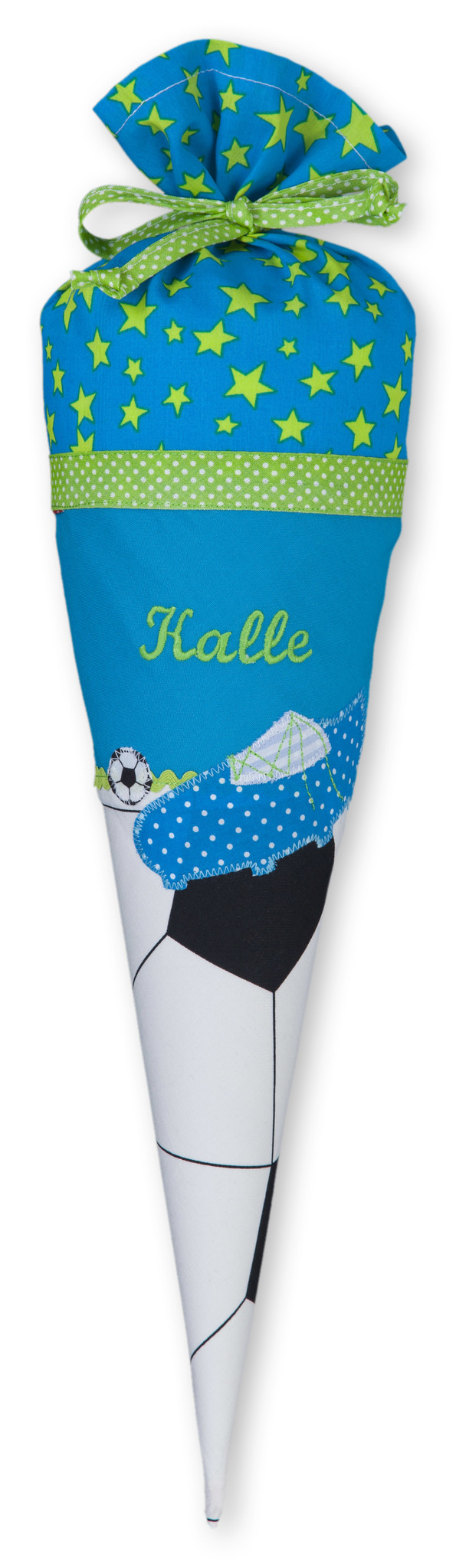 crêpes suzette Geschwisterschultüte aus Stoff mit Fussball und Wunschnamen, Farbe Grün Türkis Fussballmuster – Varianten: mit Motiv und Namensbestickung