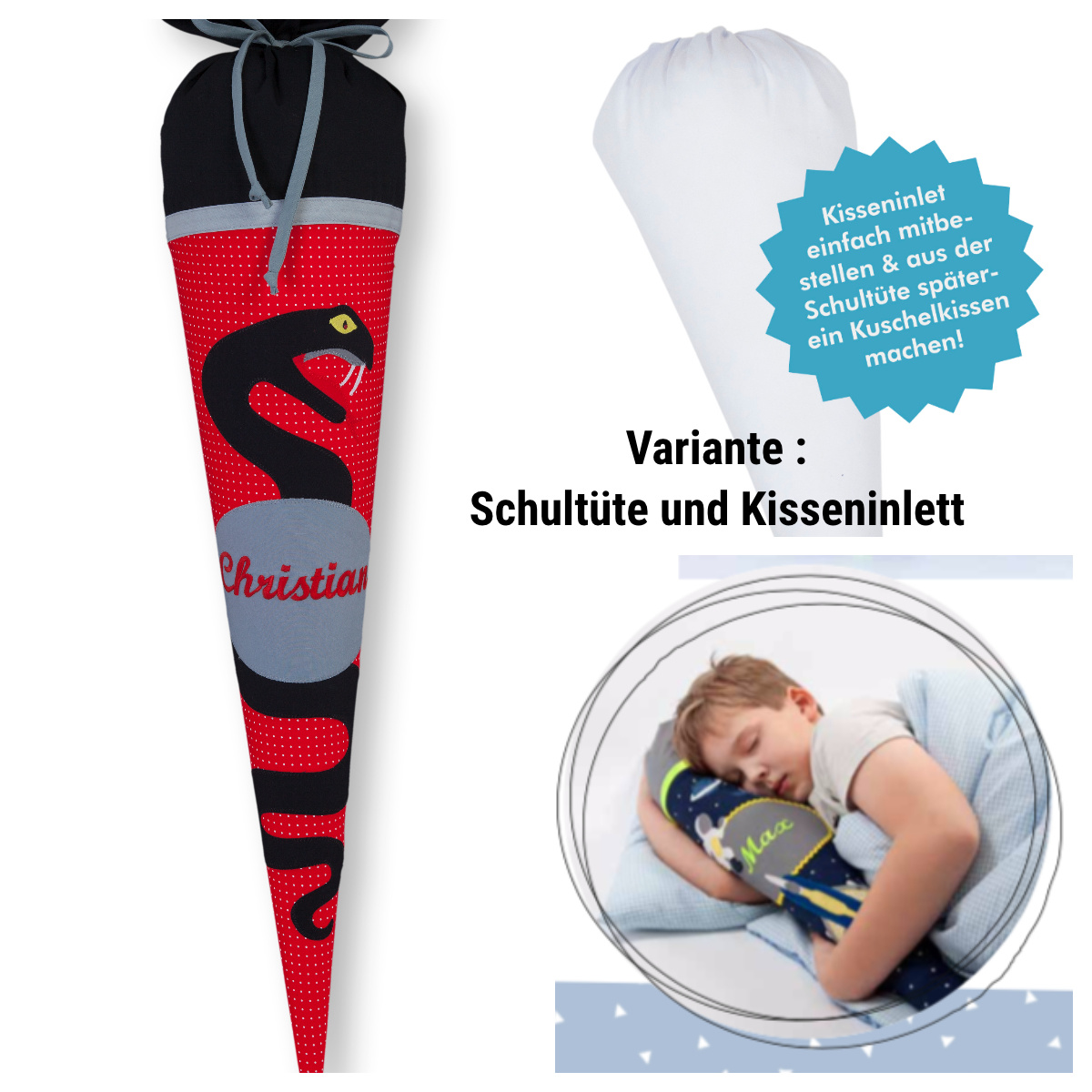 crêpes suzette Schultüte aus Stoff,Schlange Farbe : Schwarz  Rot – Variante: mit Wunschnamen