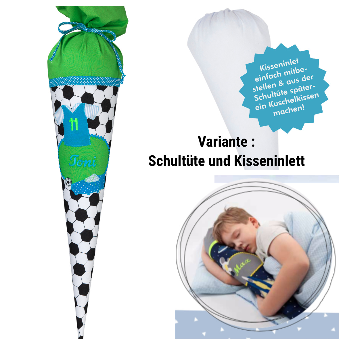 crêpes suzette Schultüte aus Stoff, Fußball, Fussball  Farbe : Schwarz Weiß Grün Türkis – Variante: mit Wunschnamen