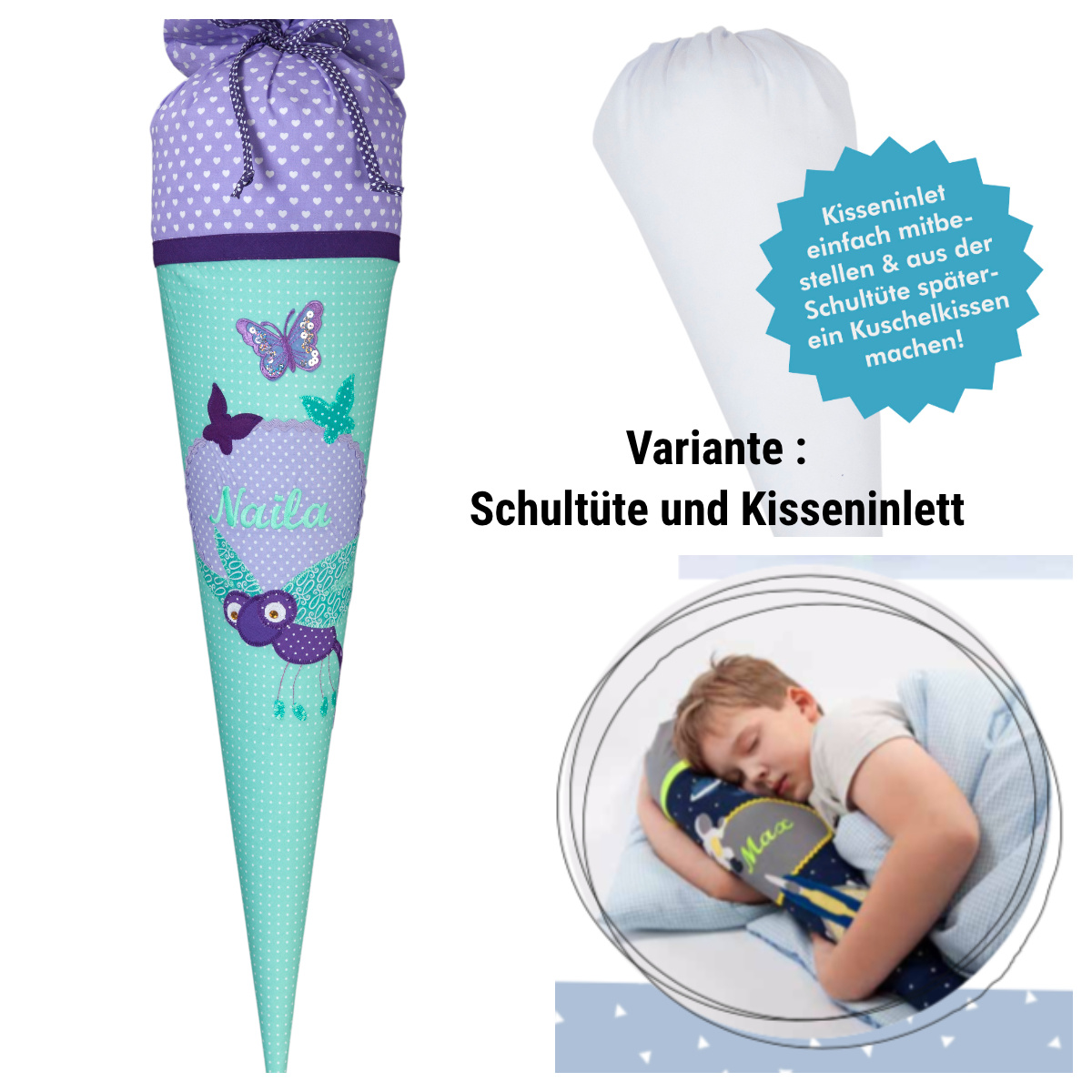 crêpes suzette Schultüte aus Stoff, Libelle Schmetterling, Farbe: Flieder Mint – Variante: mit Wunschnamen