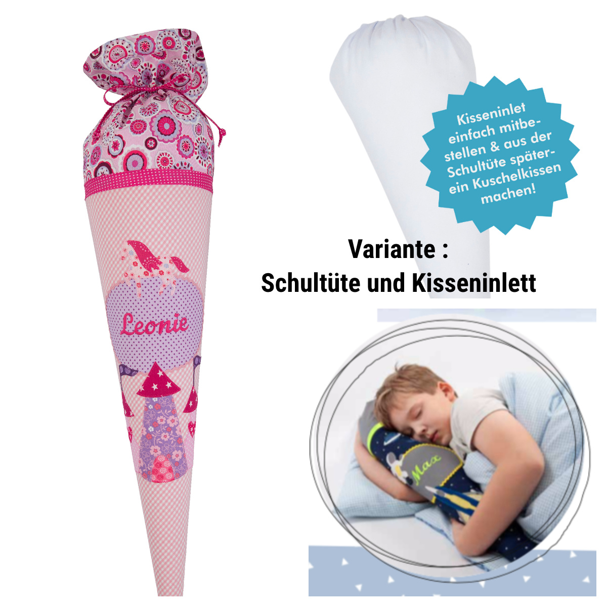 crêpes suzette Schultüte aus Stoff, Schloss und Pferd Farbe : Flieder, Rosa – Variante: mit Wunschnamen