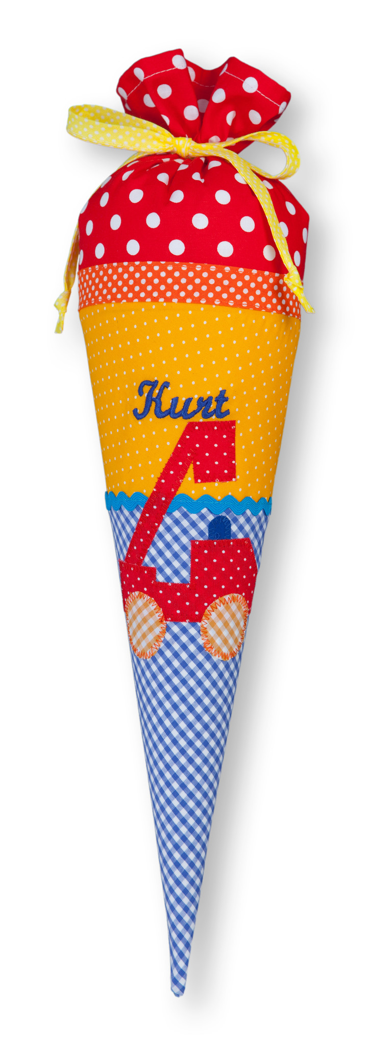 crêpes suzette Geschwisterschultüte aus Stoff Feuerwehr und Wunschnamen, Farbe Blau Rot – Varianten: mit Motiv und Namensbestickung