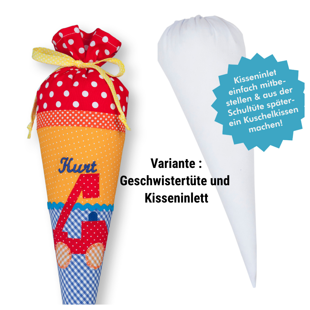 crêpes suzette Geschwisterschultüte aus Stoff Feuerwehr und Wunschnamen, Farbe Blau Rot – Varianten: mit Motiv und Namensbestickung